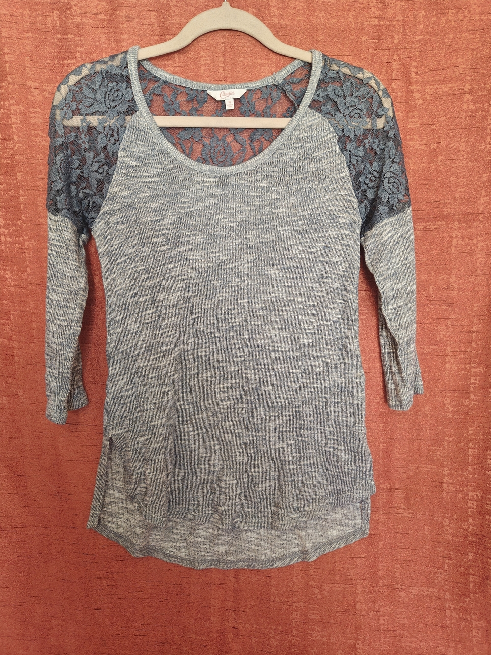 Candie's Vintage Lace-Yoke Heather Grey Women's Knit Top